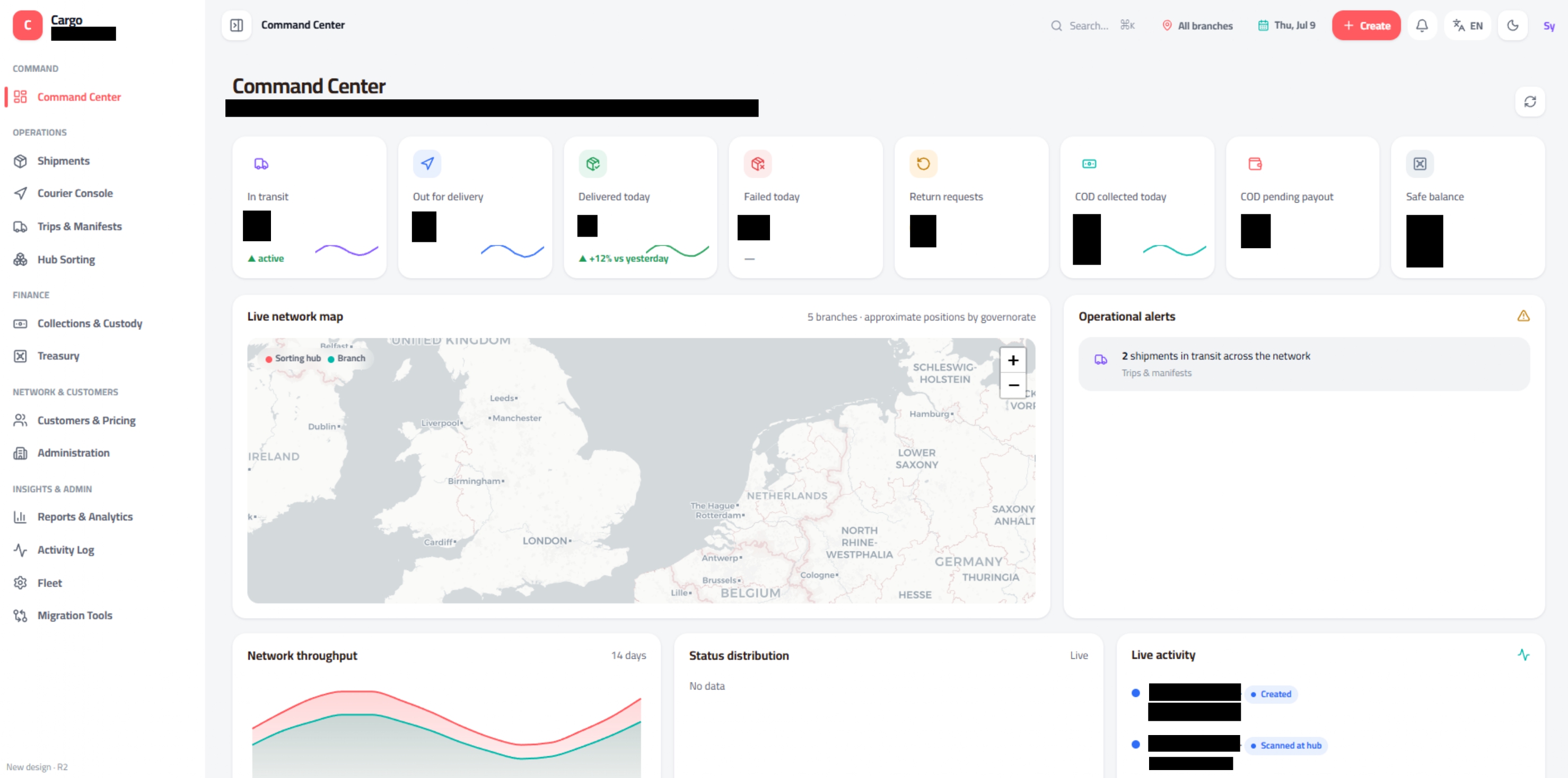 Screenshot of a logistics command center dashboard with a live shipment map and courier tools